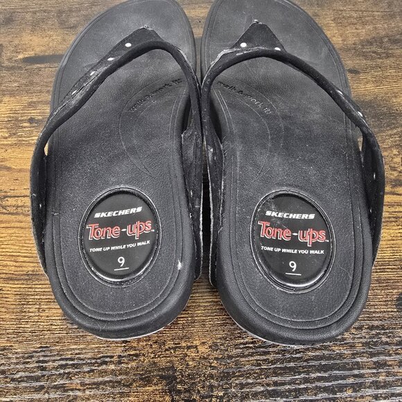 Skechers Tone Ups Sandals Womens 9 Thong Black Toe Post Casual Studded 37556 - Picture 8 of 9